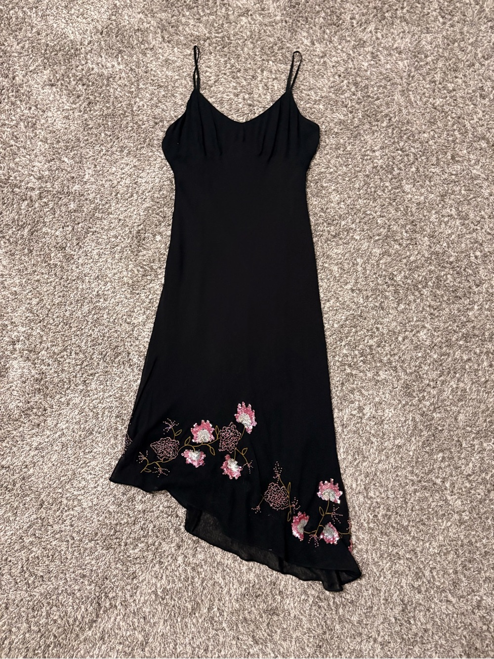 Black Spaghetti-Strap Slip Dress with Pink Floral Embroidery